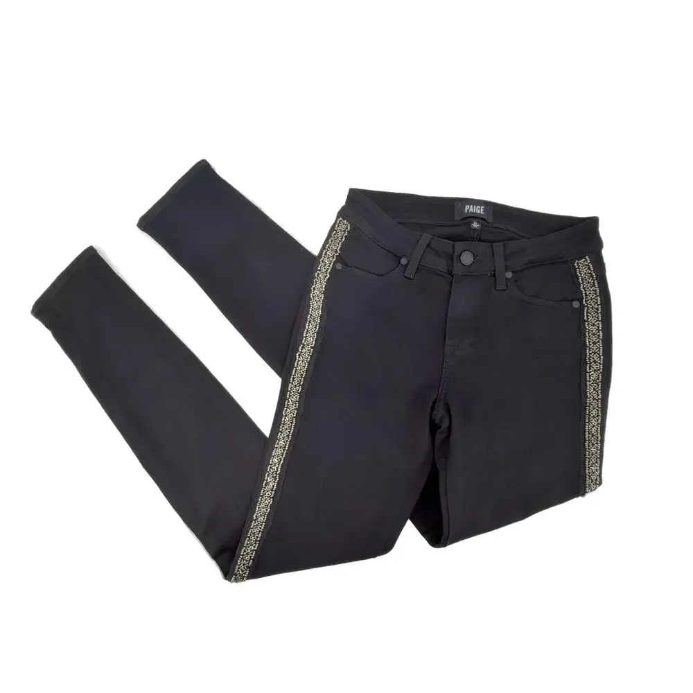 Paige Verdugo Ultra Skinny Tuxedo Side Beading Jeans size 27 Black/Pewter